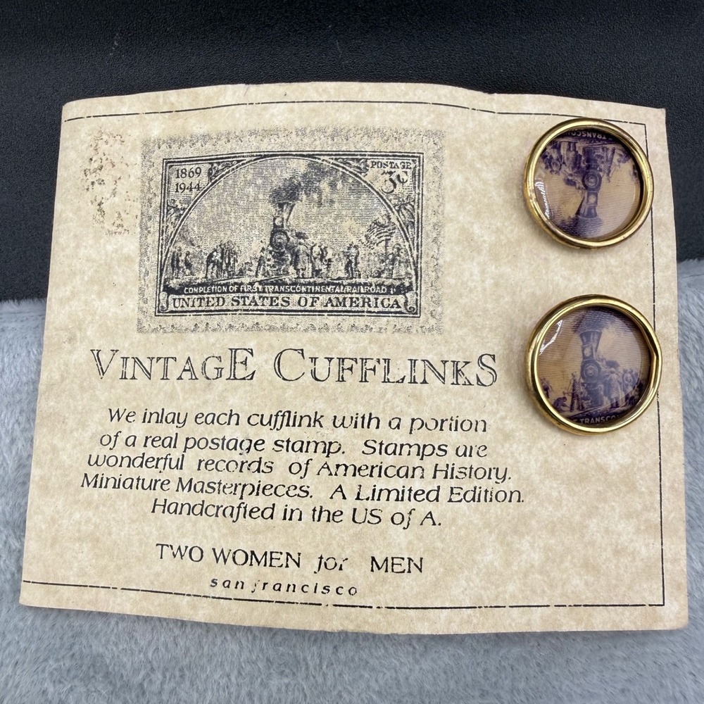 Vintage Two Women for Men Cufflinks Gold Postage Stamp Railroad Inlay